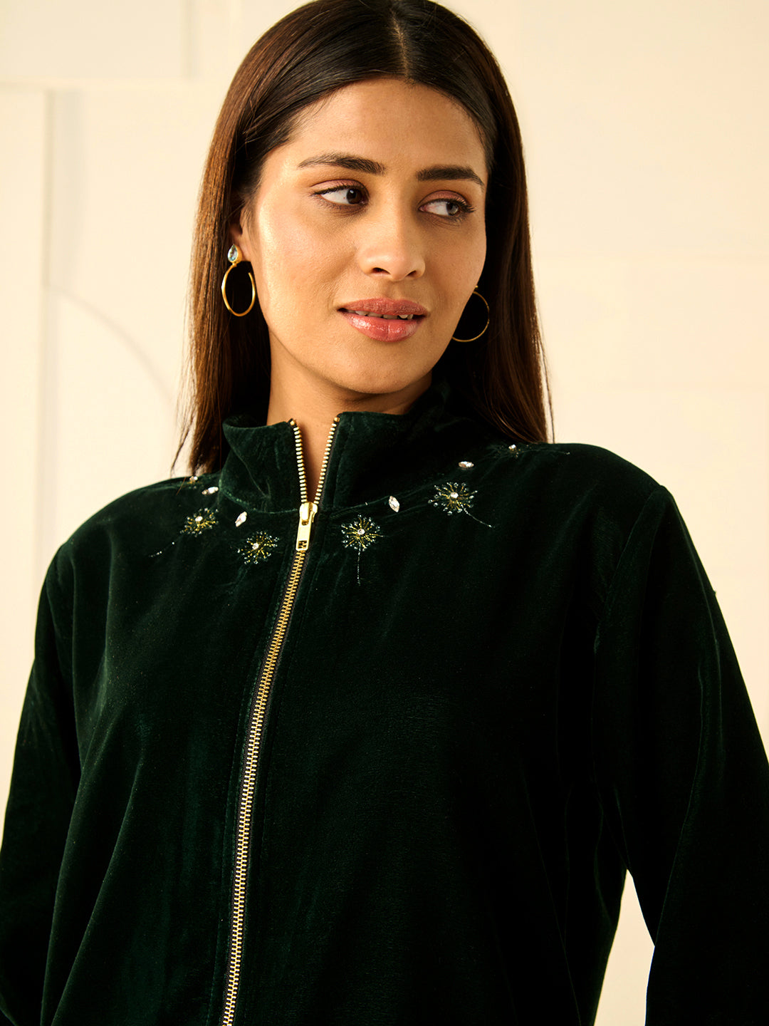 EMERALD GREEN TRIM VELVET SHIRT