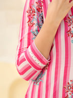 Floral Printed Mandarin Collar Cotton A-Line Top
