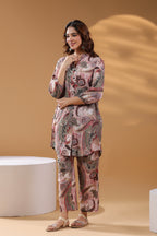 Floral Printed Mandarin Collar Pure Cotton Tunic & Trouser