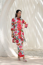 Printed Shirt Collar Pure Cotton High Low Tunic With Trousers