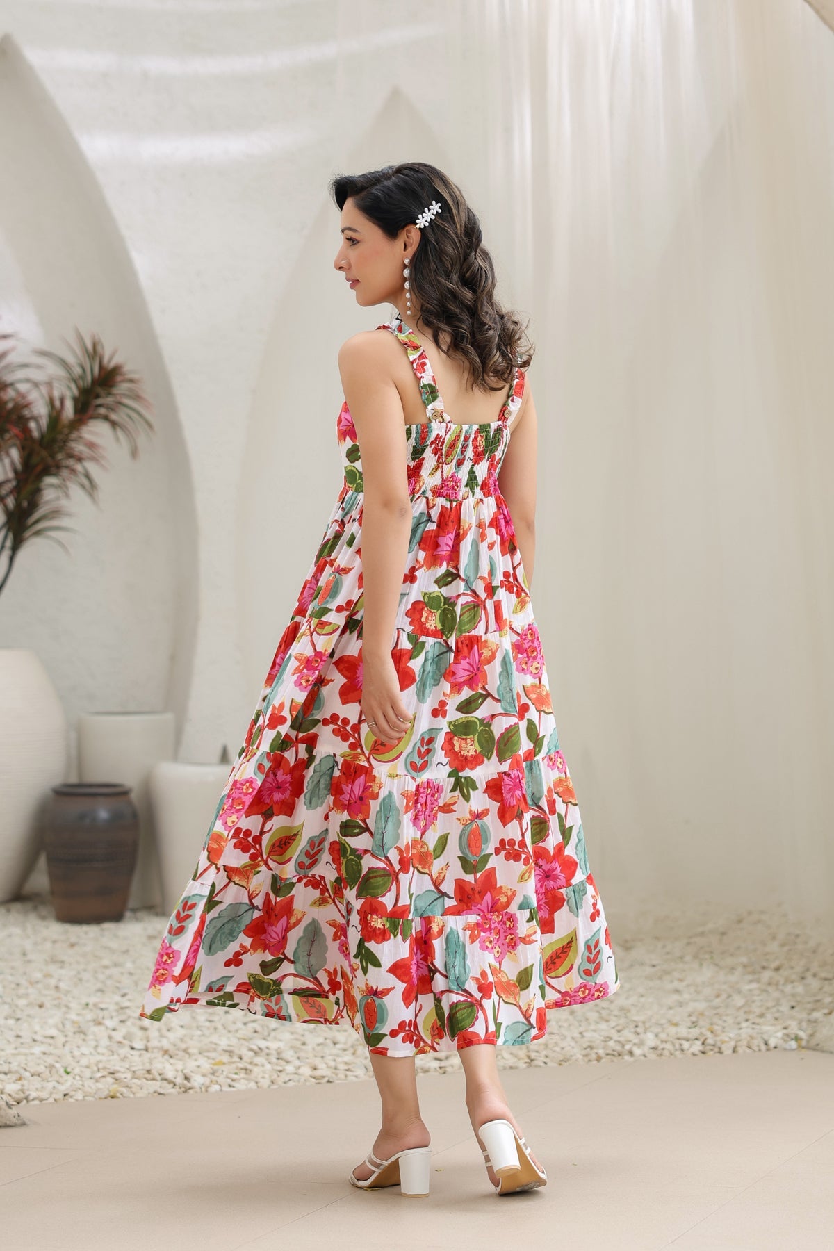 Floral Printed Pure Cotton Fit & Flare Midi Ethnic Dresses