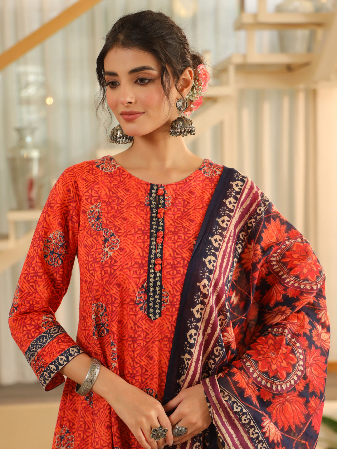 Women Ethnic Motifs Printed Regular Pure Cotton Kurta with Trousers & With Dupatta