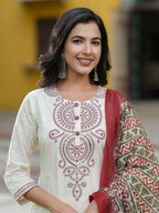 Women Embroidered Regular Sequinned Cotton Kurta with Trousers & Dupatta