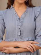 V-Neck Bell Sleeves Pure Cotton Tiered Fit & Flare Midi Dress
