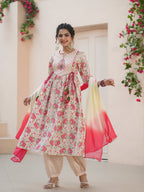 Floral Printed Thread Work Pure Cotton Kurta with Salwar & Dupatta