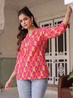 Women Printed Mandarin Collar Cotton Top