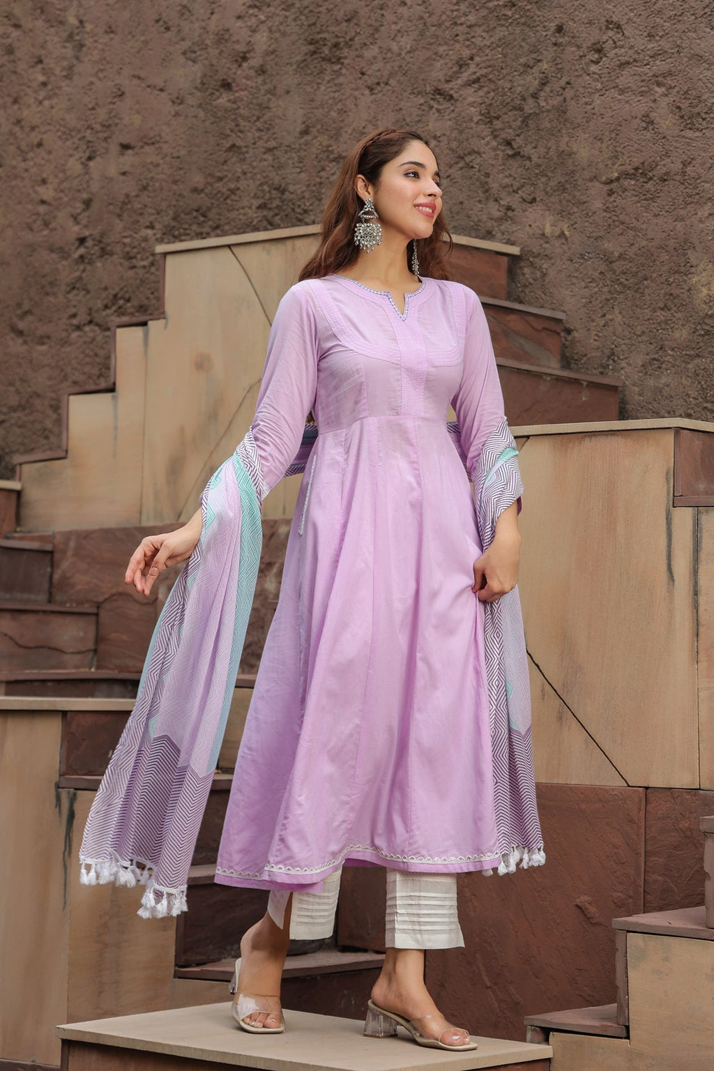 Notch Neck Thread Work Pure Cotton Anarkali Kurta with Trousers & Dupatta