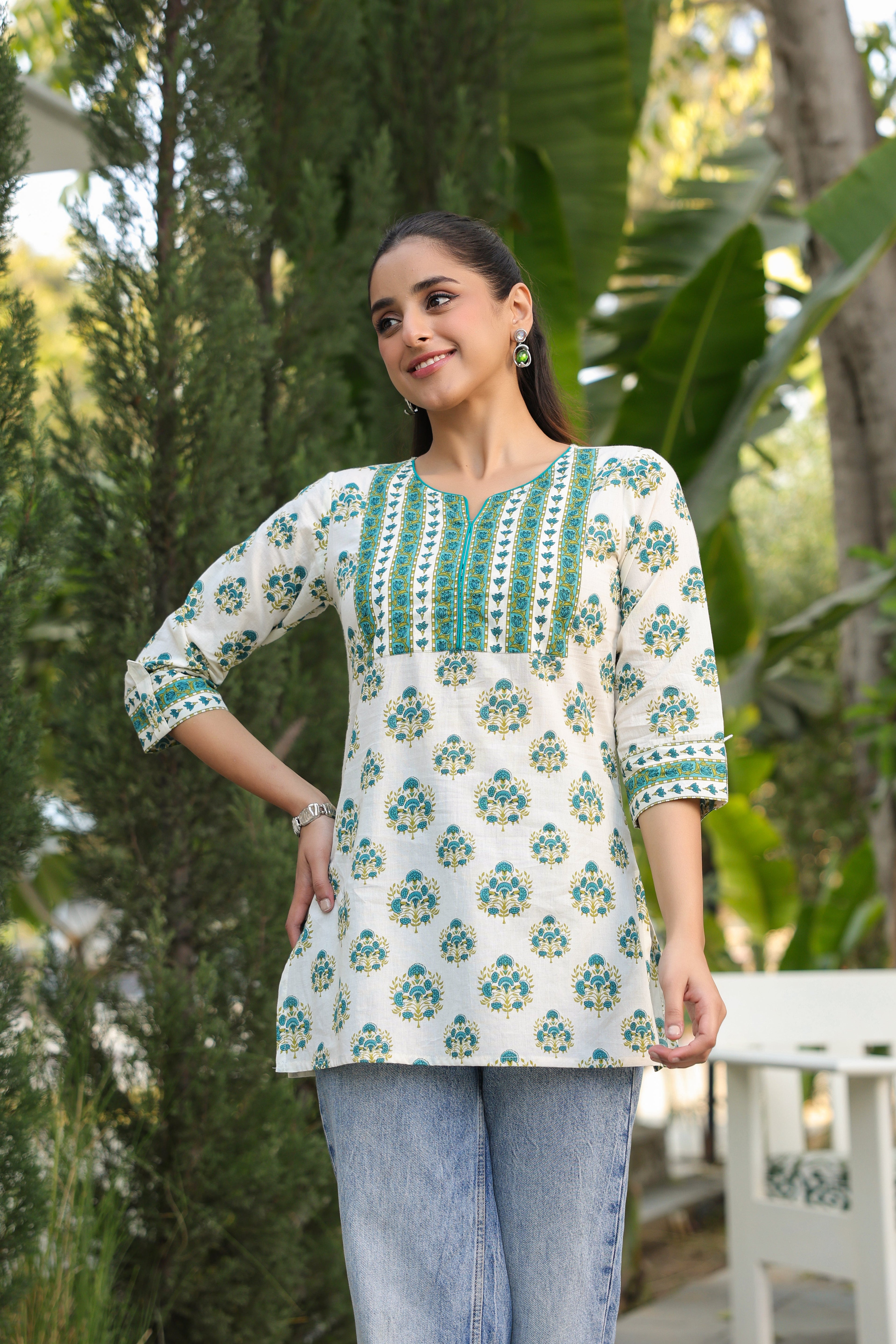 Floral Printed Notch Neck Pure Cotton Kurti