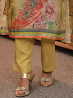 Peacock Printed Thread Work Chanderi Cotton Kurta With Trousers & Dupatta