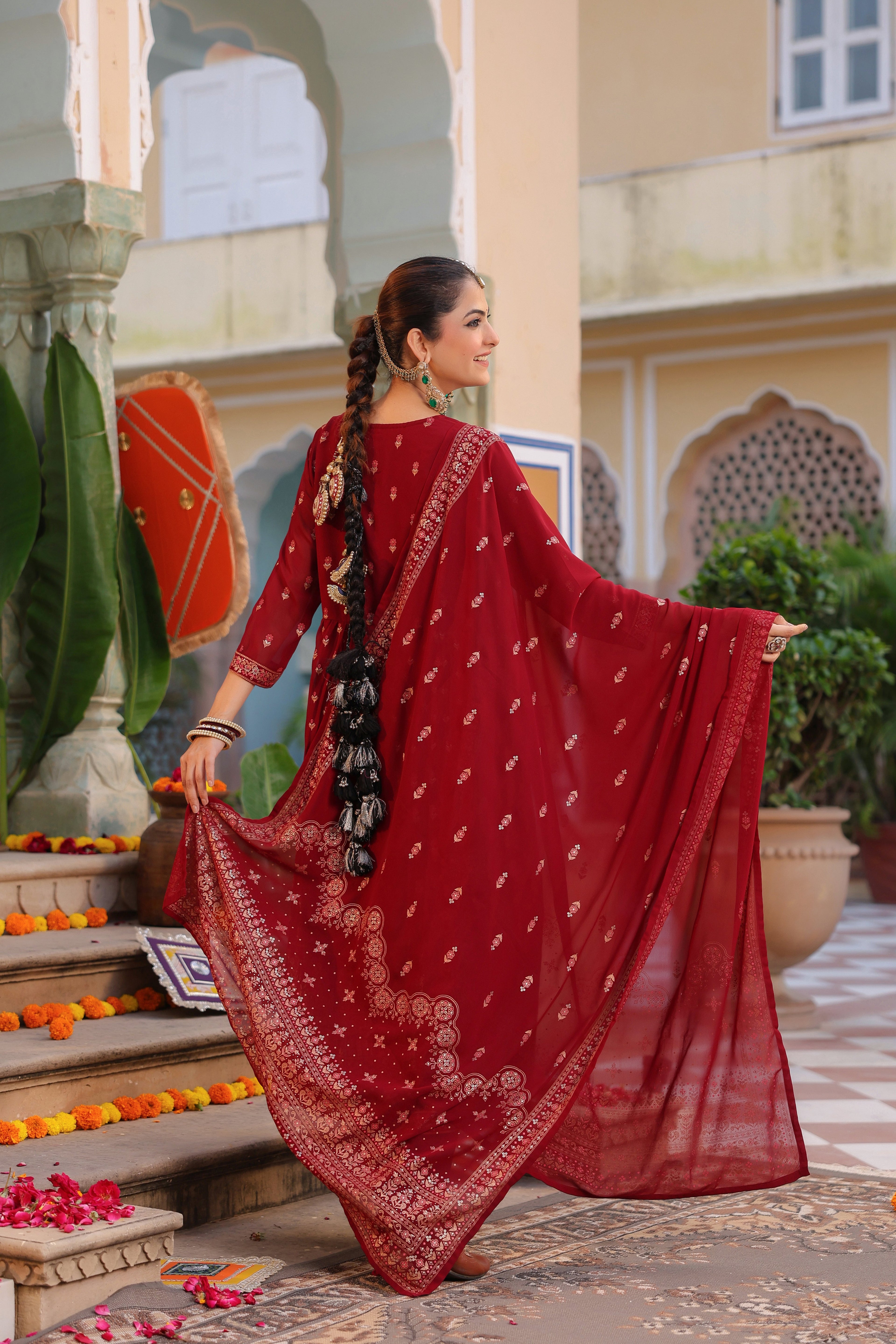 Floral Printed Thread Work Georgette Kurta With Trousers & Dupatta