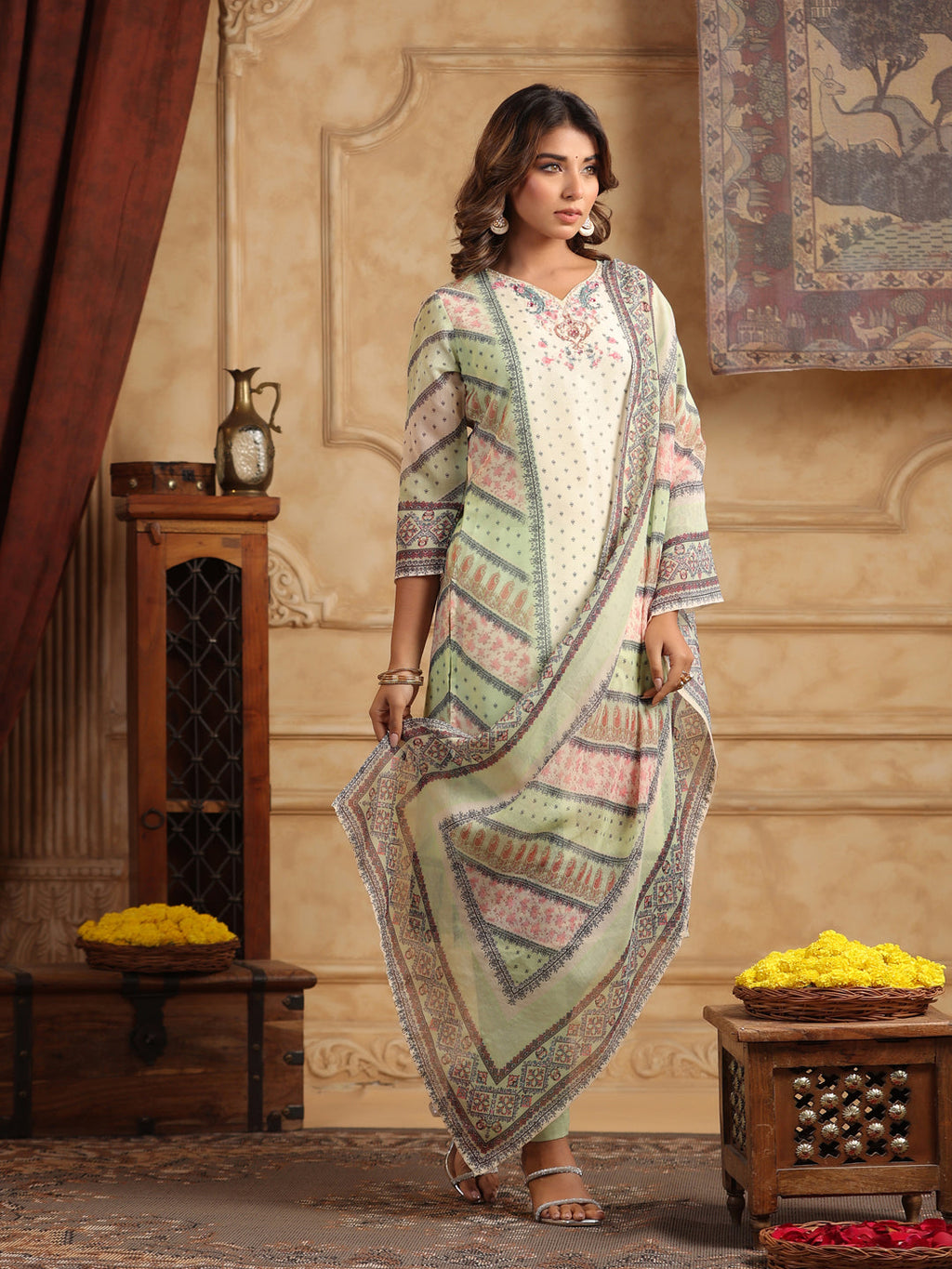 Ethnic Motifs Printed Sequinned Straight Kurta With Trouser & Dupatta