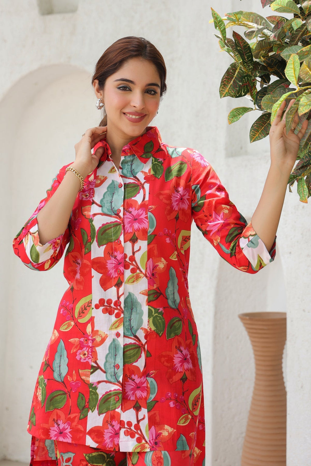 Printed Shirt Collar Pure Cotton High Low Tunic With Trousers