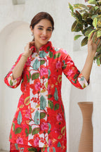 Printed Shirt Collar Pure Cotton High Low Tunic With Trousers