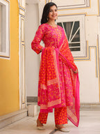 Women Floral Printed Cotton A-Line Kurta with Trousers & Dupatta