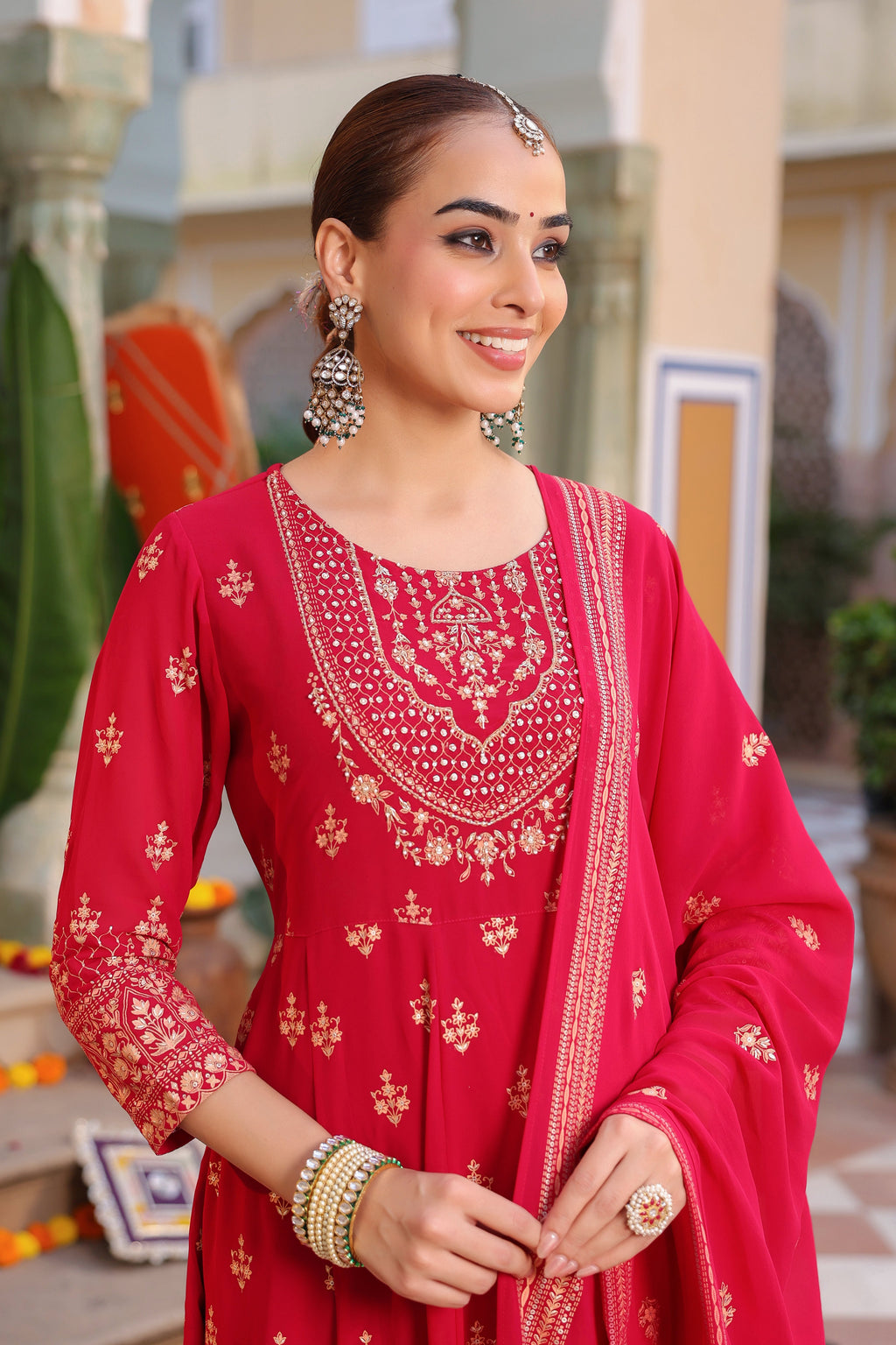 Women Ethnic Motifs Printed Beads and Stones Kurta with Trouser & Dupatta