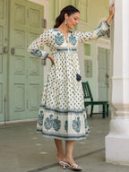 Women Ethnic Printed Pure Cotton V-Neck Fit & Flared Midi Ethnic Dresses