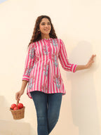 Floral Printed Mandarin Collar Cotton A-Line Top