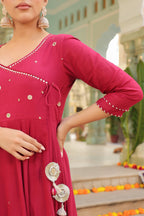 Geometric Embroidered Anarkali Pure Cotton Kurta With Trousers & Dupatta
