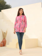 Floral Printed Mandarin Collar Cotton A-Line Top