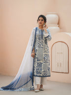 Floral Printed Thread Work Pure Cotton Straight Kurta & Trouser & Dupatta