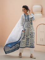 Floral Printed Thread Work Pure Cotton Straight Kurta & Trouser & Dupatta
