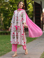 Women Floral Printed Cotton Kurta with Trousers & Dupatta