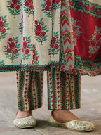 Floral Printed Thread Work Pure Cotton Kurta With Trousers & Dupatta