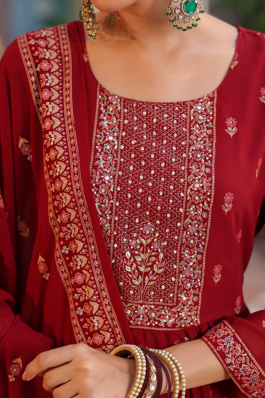 Floral Printed Thread Work Georgette Kurta With Trousers & Dupatta