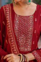 Floral Printed Thread Work Georgette Kurta With Trousers & Dupatta