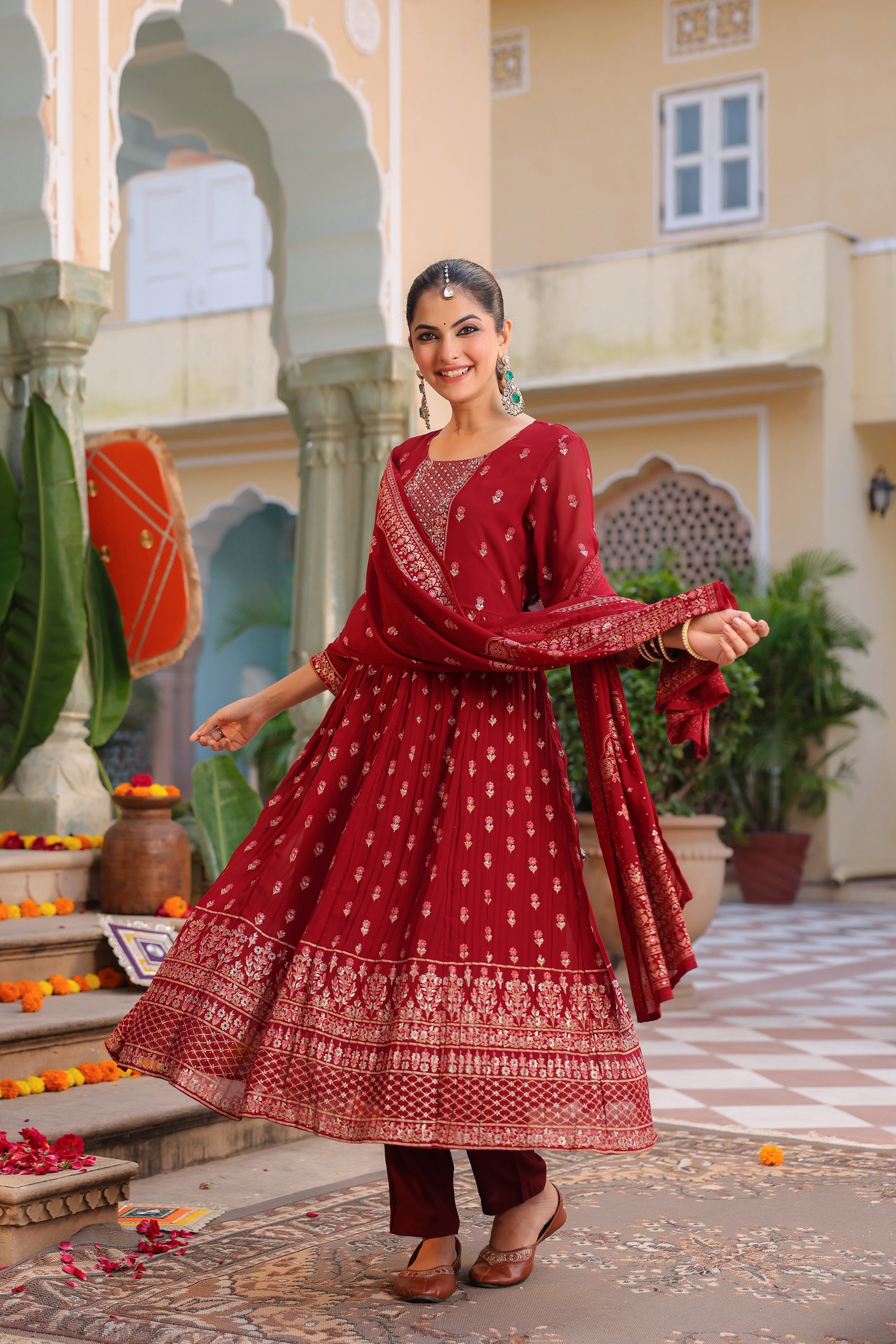 Floral Printed Thread Work Georgette Kurta With Trousers & Dupatta