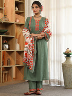 Women Ethnic Motifs Yoke Design Regular Thread Work Pure Cotton Kurta with Trousers & With Dupatta