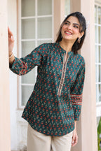 Print Mandarin Collar Cotton Top