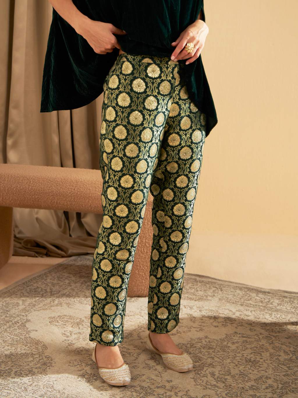 EMERALD GREEN BROCADE PANTS