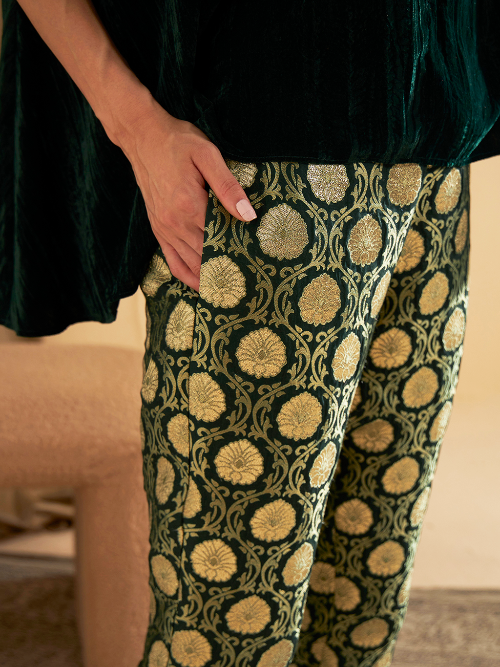 EMERALD GREEN BROCADE PANTS