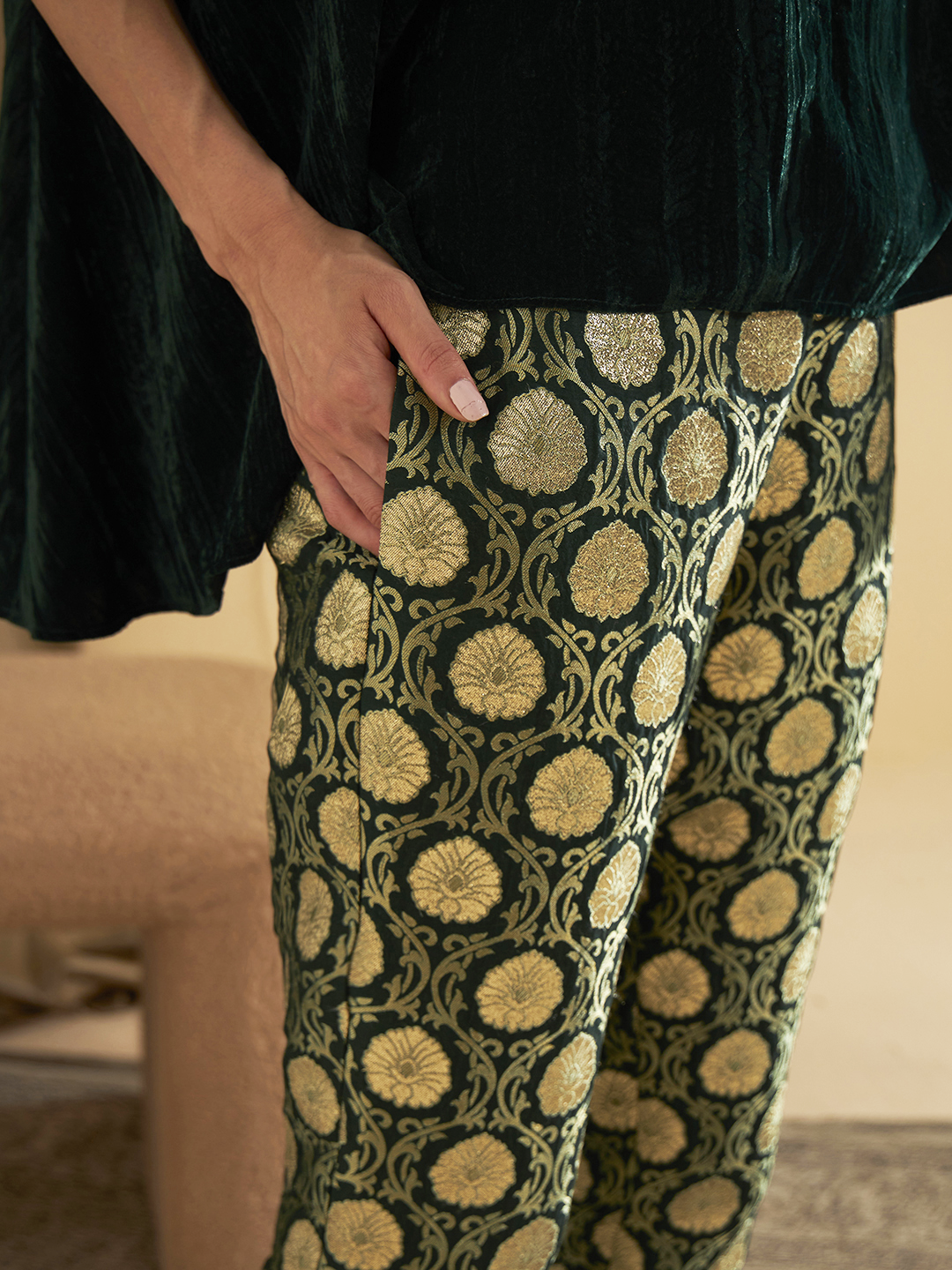 EMERALD GREEN BROCADE PANTS