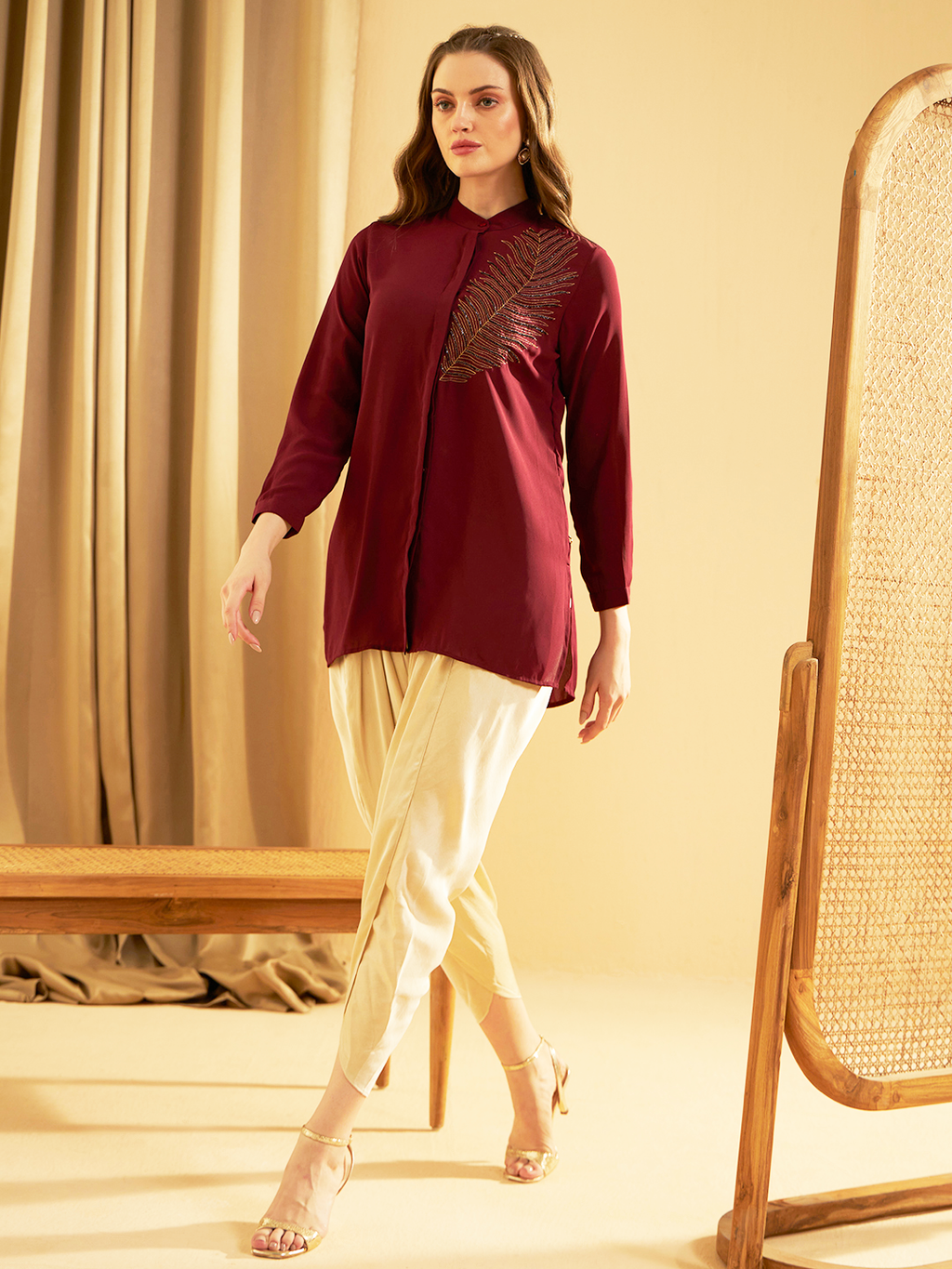 WINE FEATHER CONCEAL PLACKET SHIRT