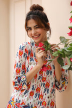 Floral Print Mandarin Collar Cotton Top