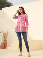 Floral Printed Mandarin Collar Cotton A-Line Top