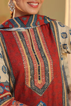 Floral Printed Mandarin Collar Muslin Kurta With Trousers & Dupatta