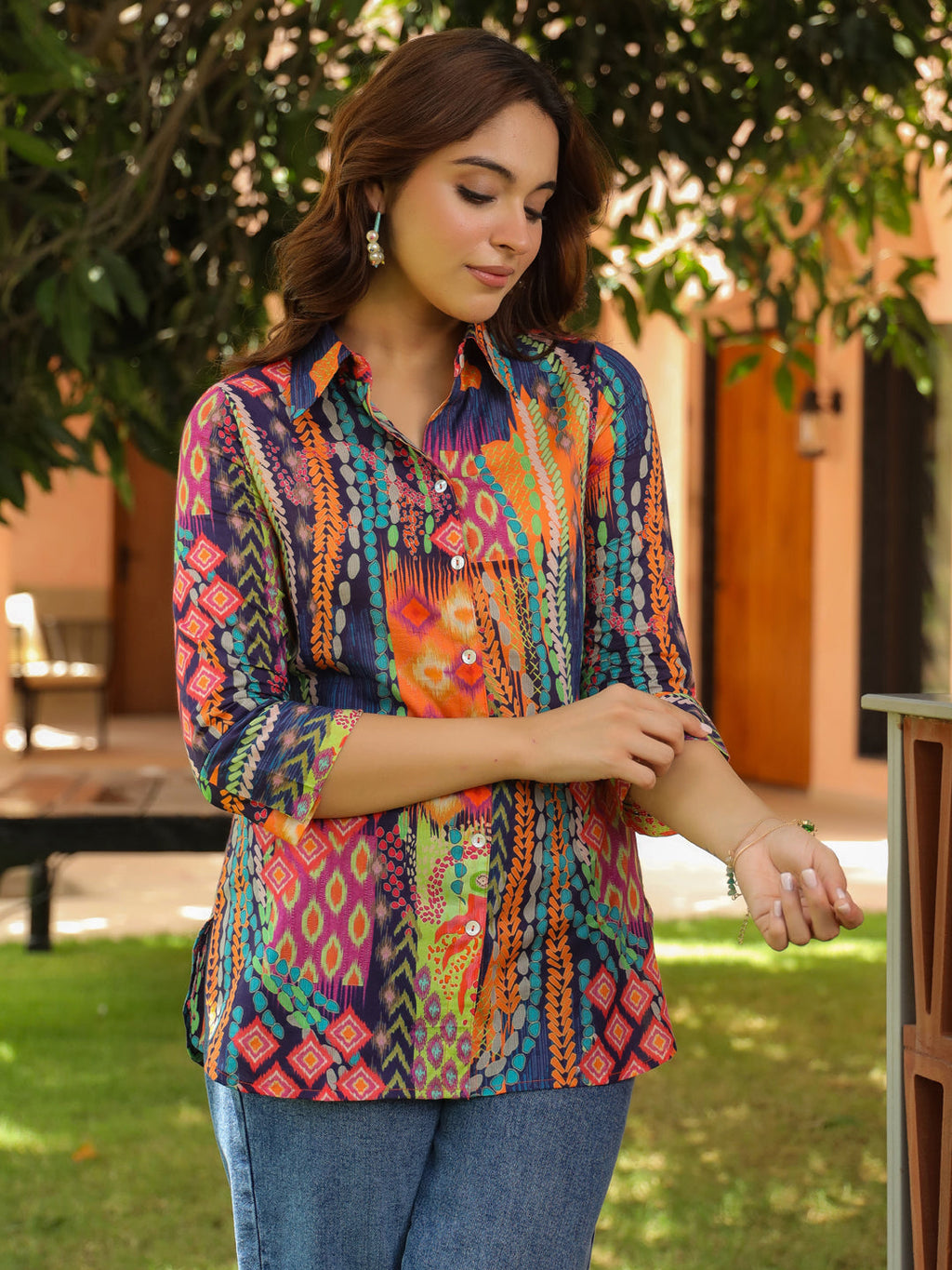 Women Relaxed Fit Abstract Printed Spread Collar Cotton Casual Shirt