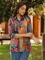 Women Relaxed Fit Abstract Printed Spread Collar Cotton Casual Shirt