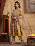 Mustard Floral Sequinned Cotton Anarkali Set