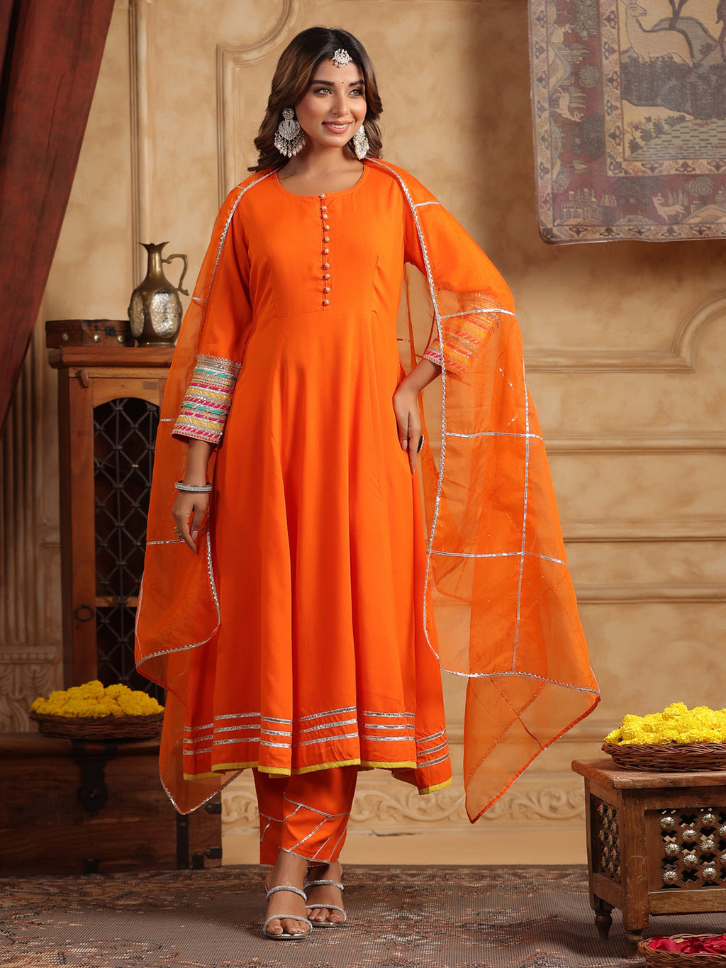 Women Regular Gotta Patti Anarkali Kurta With Trousers & Dupatta