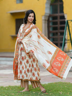 Floral Printed Thread Work Pure Cotton Kurta With Trousers & Dupatta