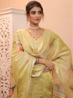 Peacock Printed Thread Work Chanderi Cotton Kurta With Trousers & Dupatta