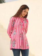 Floral Printed Mandarin Collar Cotton A-Line Top