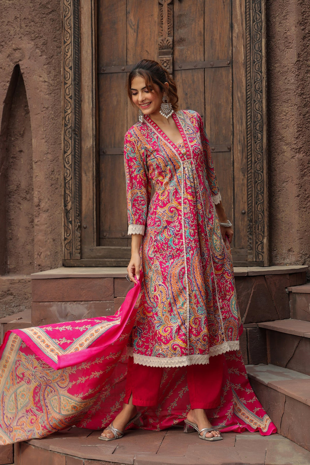 Printed Thread Work Pure Cotton Anarkali Kurta with Trousers & Dupatta