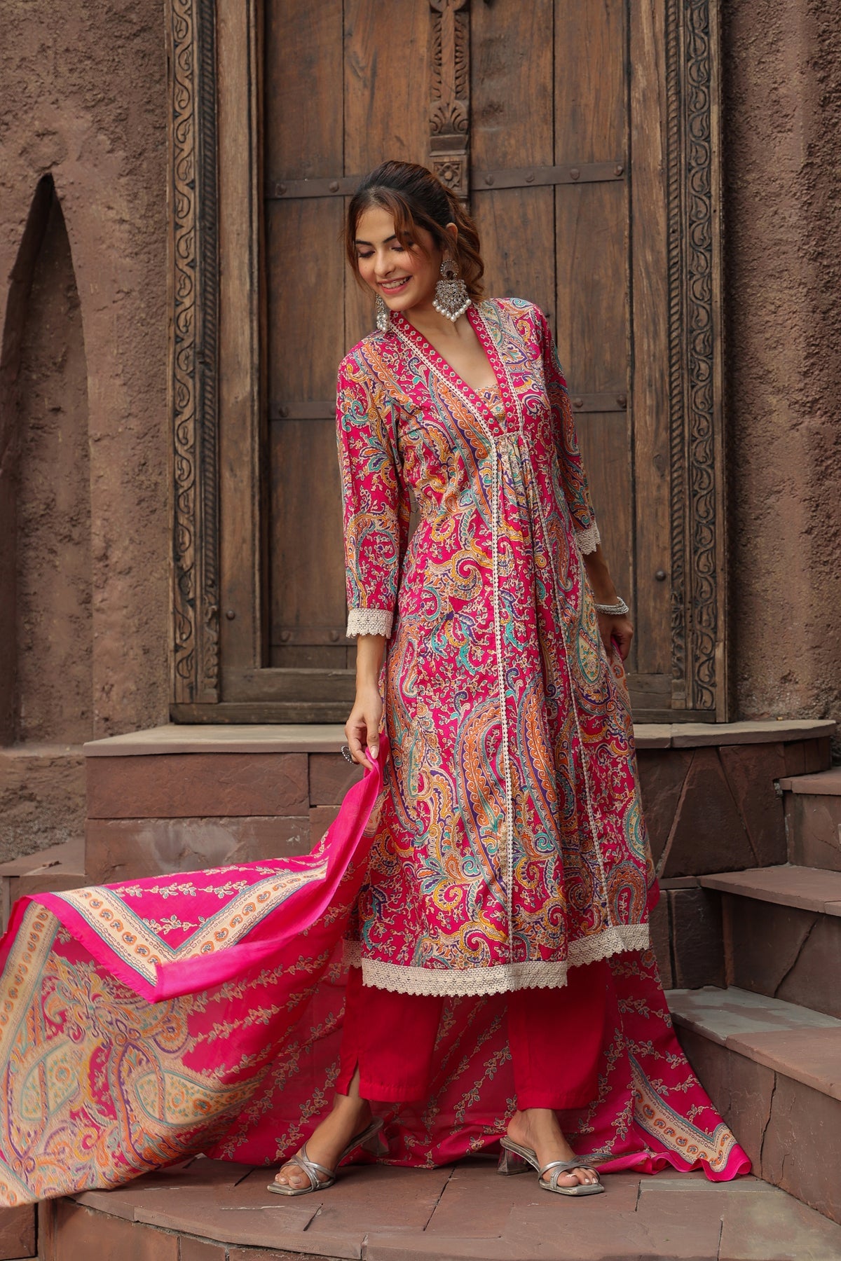 Printed Thread Work Pure Cotton Anarkali Kurta with Trousers & Dupatta