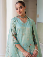 Ethnic Motifs Printed Zari Chanderi Cotton Kurta With Trousers & Dupatta