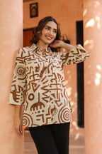 Women Abstract Printed Shirt Collar Cotton Top